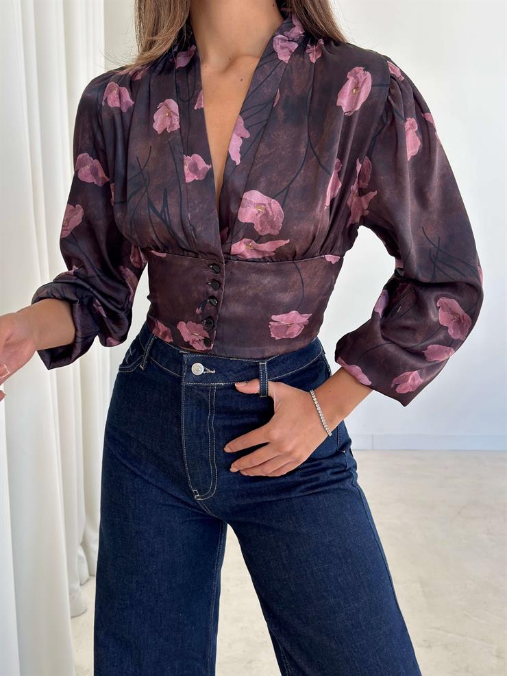 Düğmeli V Yaka Desenli Borisa Mürdüm Kadın Bluz 26K214