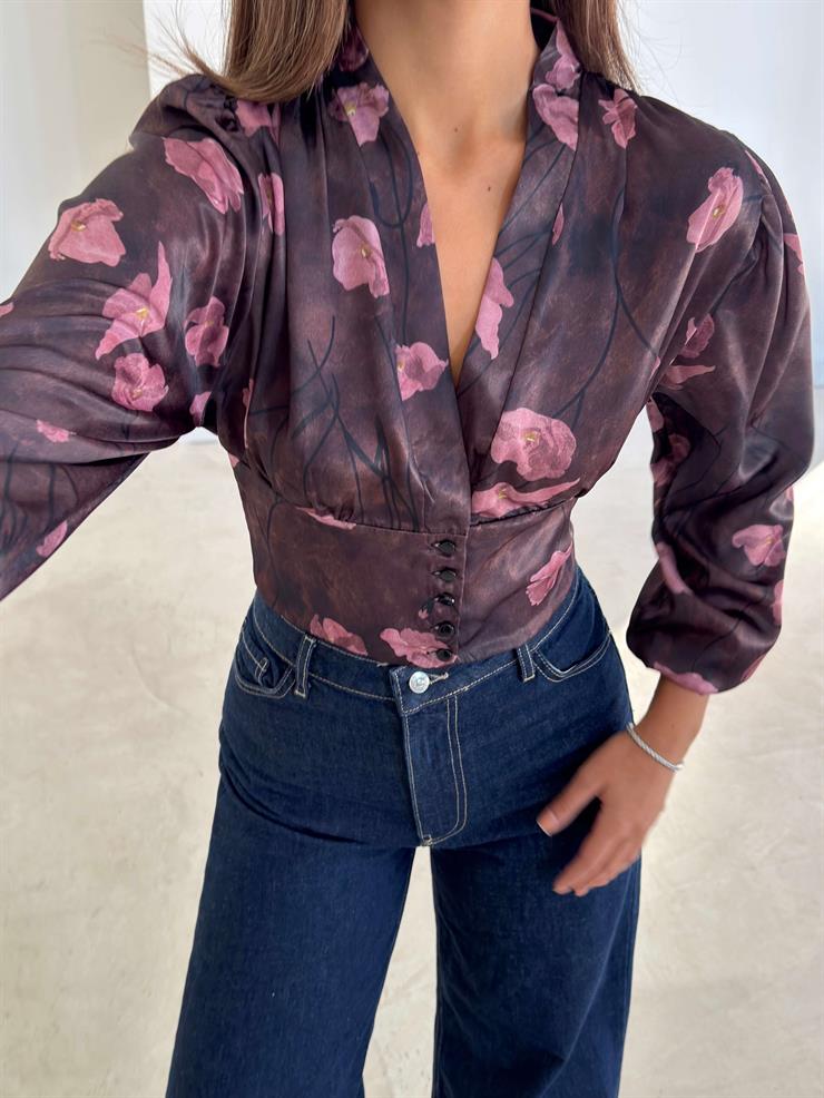 Düğmeli V Yaka Desenli Borisa Mürdüm Kadın Bluz 26K214