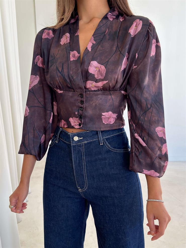 Düğmeli V Yaka Desenli Borisa Mürdüm Kadın Bluz 26K214