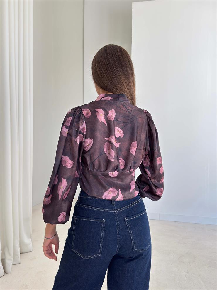 Düğmeli V Yaka Desenli Borisa Mürdüm Kadın Bluz 26K214