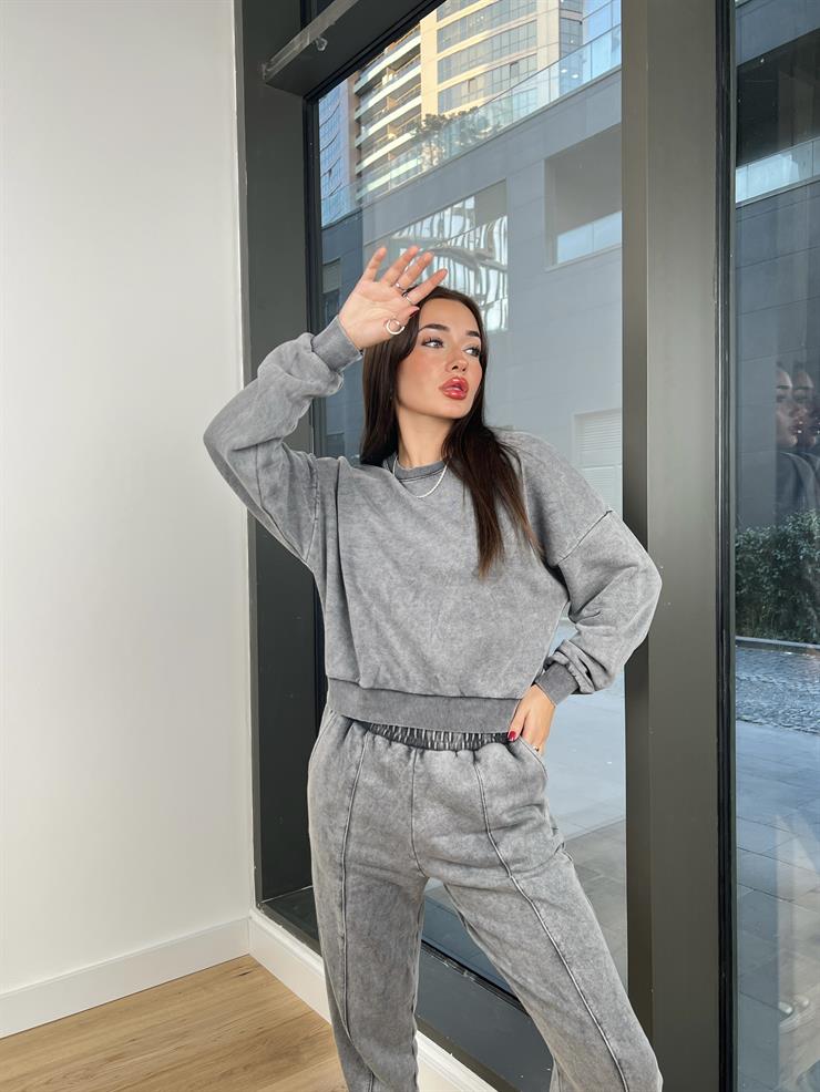 Uzun Kollu Bosque Kadın Gri Crop Sweatshirt 24k000130