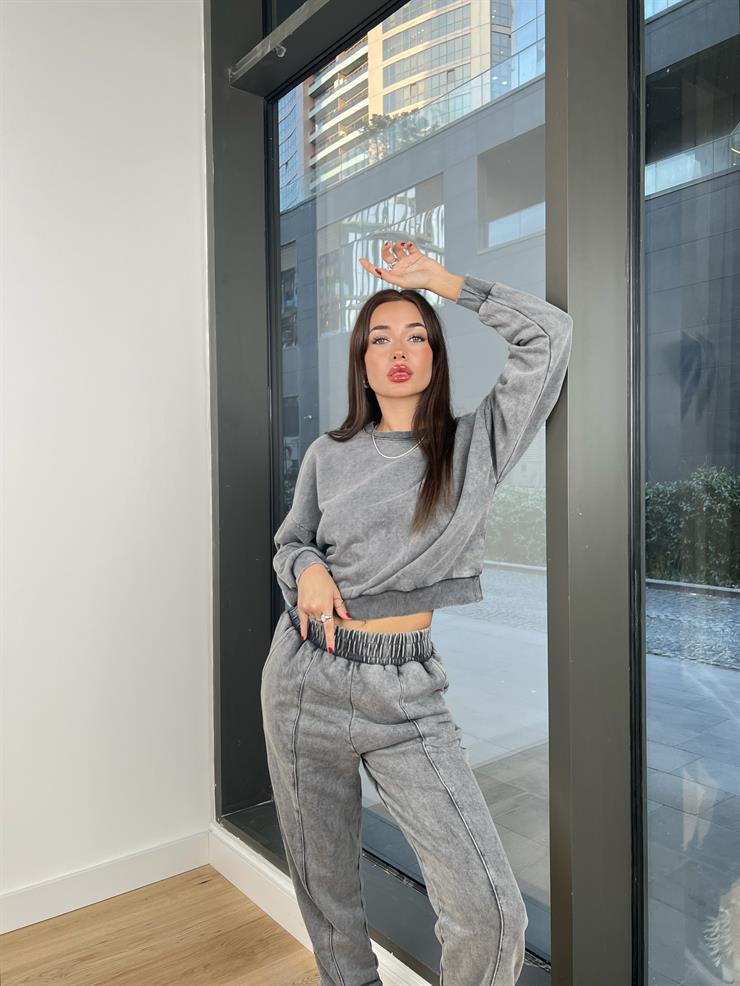 Uzun Kollu Bosque Kadın Gri Crop Sweatshirt 24k000130