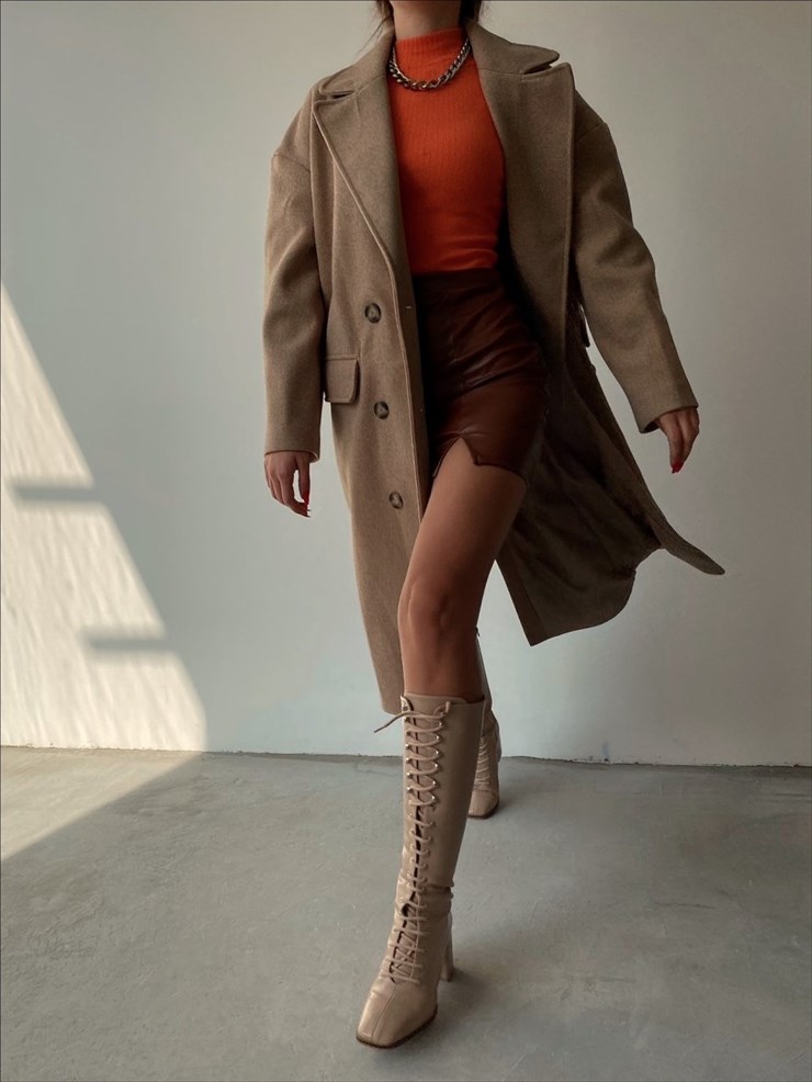 Boyfriend Arkası Yırtmaçlı Kaşe Breana Kadın Kahverengi Kaban 22K000356