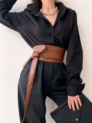 Basıc Yanları Yırtmaçlı Kadın Siyah Boyfriend Gömlek 20Y000152