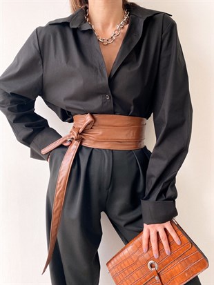 Basıc Yanları Yırtmaçlı Kadın Siyah Boyfriend Gömlek 20Y000152