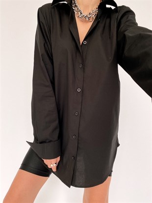 Basıc Yanları Yırtmaçlı Kadın Siyah Boyfriend Gömlek 20Y000152