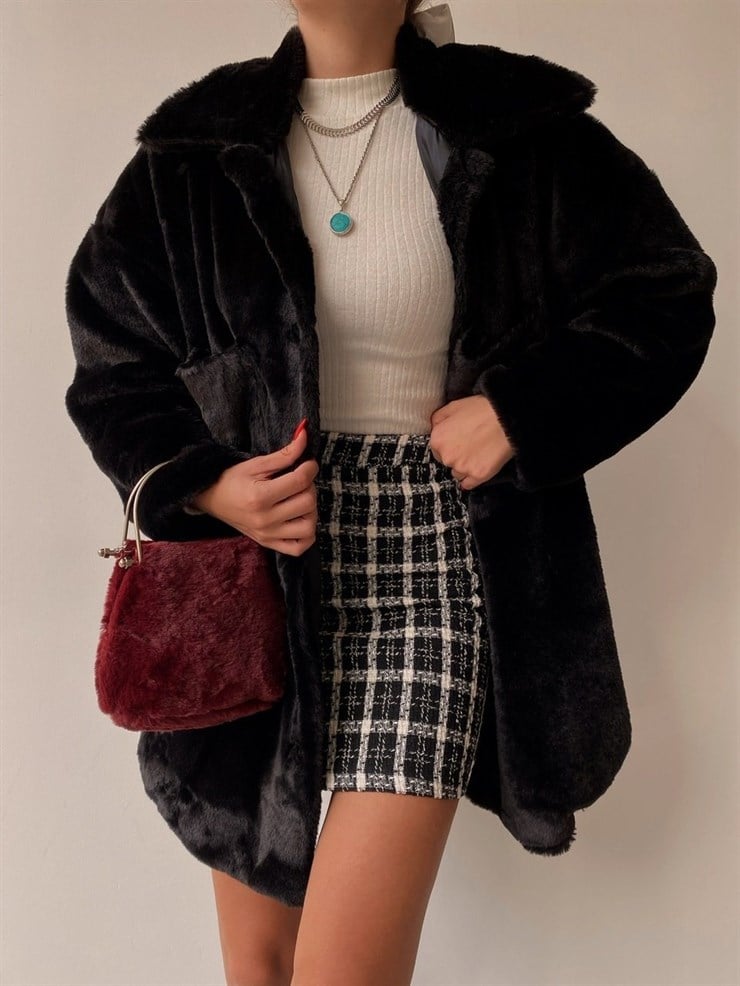 Boyfriend Önde Büyük Cep Detaylı Kadın Siyah Renk  Kürk Mont 22K000355