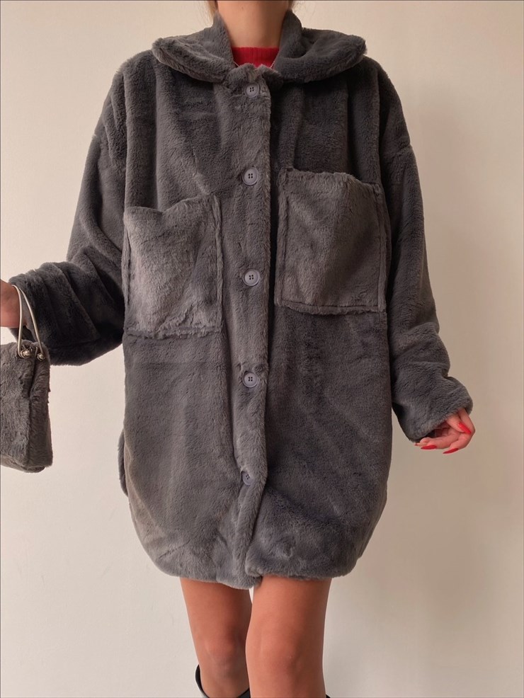 Boyfriend Önde Büyük Cep Detaylı Kadın Gri Renk  Kürk Mont 22K000355