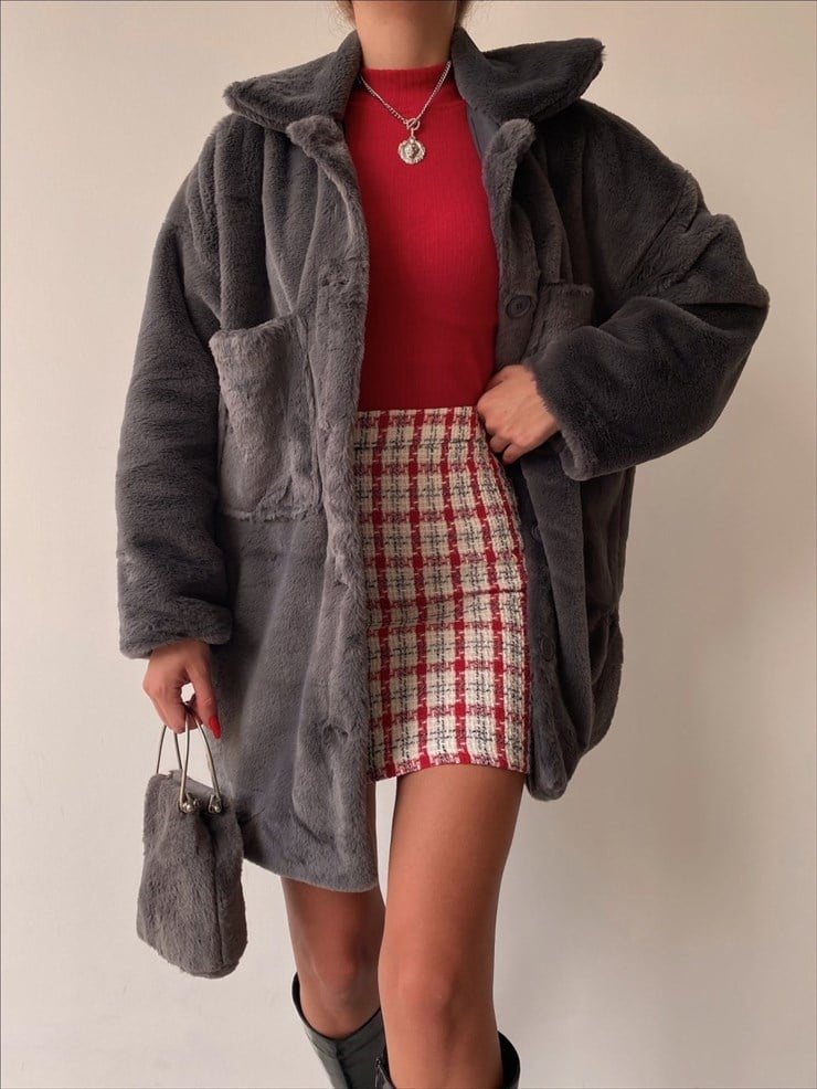 Boyfriend Önde Büyük Cep Detaylı Kadın Gri Renk  Kürk Mont 22K000355