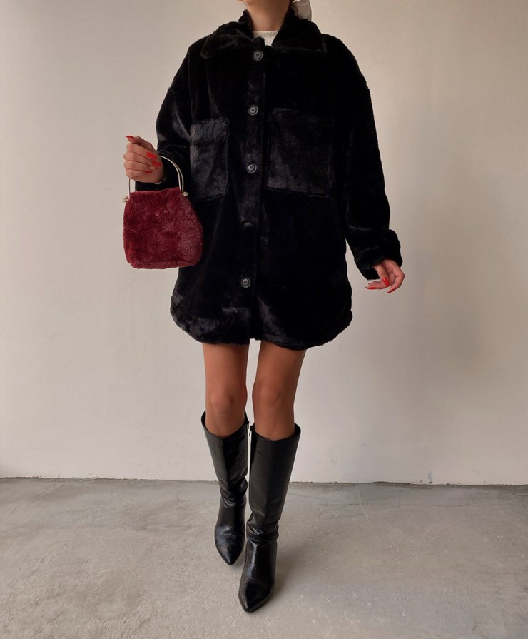 Boyfriend Önde Büyük Cep Detaylı Kadın Siyah Renk  Kürk Mont 22K000355