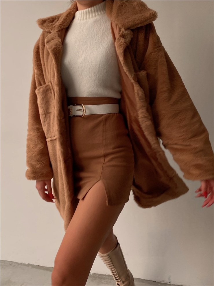Boyfriend Önde Büyük Cep Detaylı Kadın Kahverengi Renk  Kürk Mont 22K000355