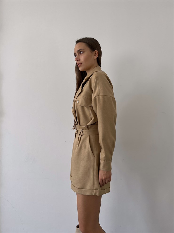 Boyfriend Önü Çıtçıt Kapamalı Ceket Ve Yüksek Bel Yanları Cepli Şort Zayne Kadın Camel Takım 23K000181