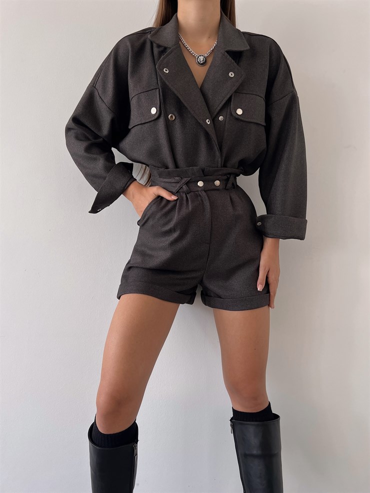 Boyfriend Önü Çıtçıt Kapamalı Ceket Ve Yüksek Bel Yanları Cepli Şort Zayne Kadın Antrasit Takım 23K000181