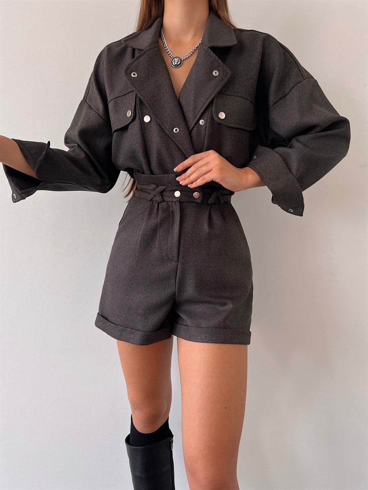 Boyfriend Önü Çıtçıt Kapamalı Ceket Ve Yüksek Bel Yanları Cepli Şort Zayne Kadın Antrasit Takım 23K000181
