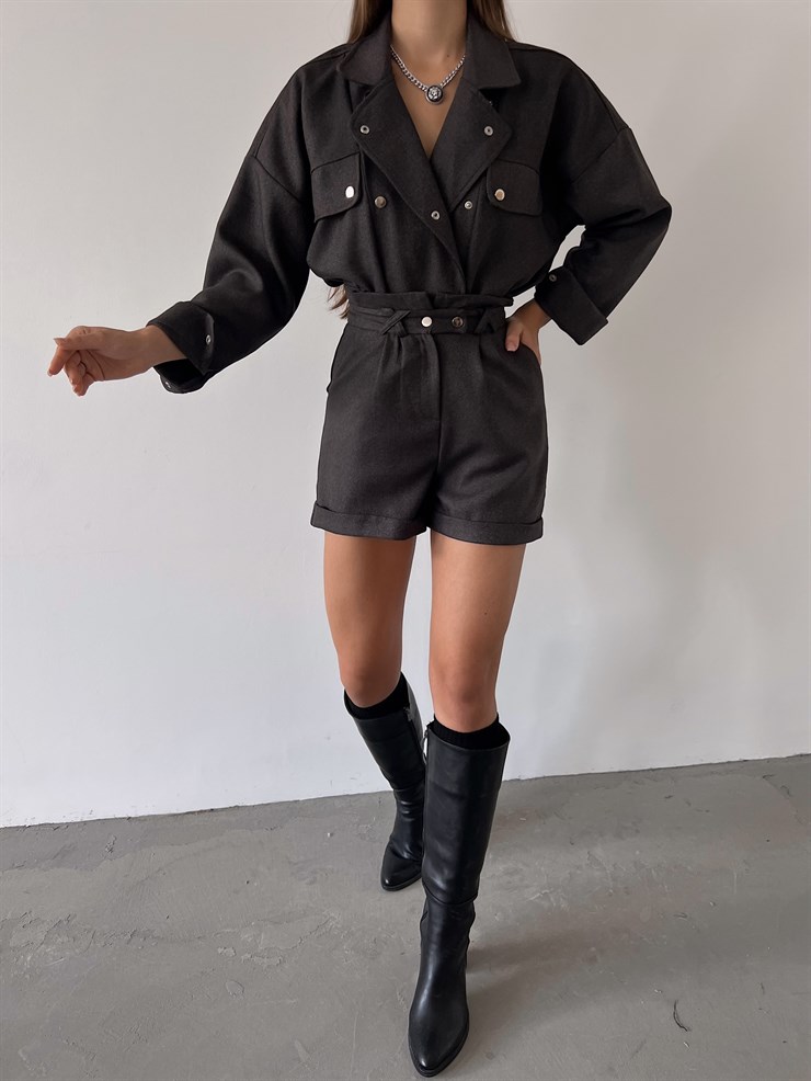 Boyfriend Önü Çıtçıt Kapamalı Ceket Ve Yüksek Bel Yanları Cepli Şort Zayne Kadın Antrasit Takım 23K000181