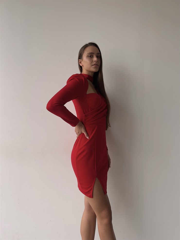 Boyun Detay Kruvaze Yaka Beli Düğme Detaylı Uzun Kollu Yırtmaçlı Nicoli Kadın Kırmızı Mini Elbise 23K000044