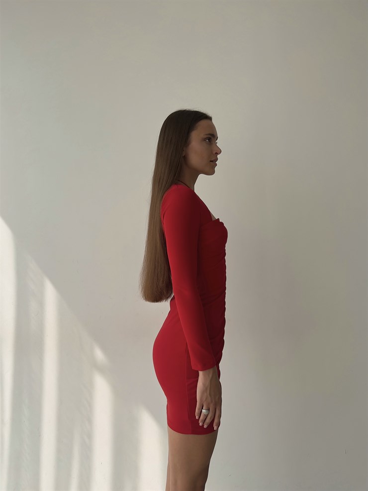 Boyundan Çapraz İp Detay Uzun Kol Drapeli Jolanka Kadın Kırmızı Mini Elbise 23K000030