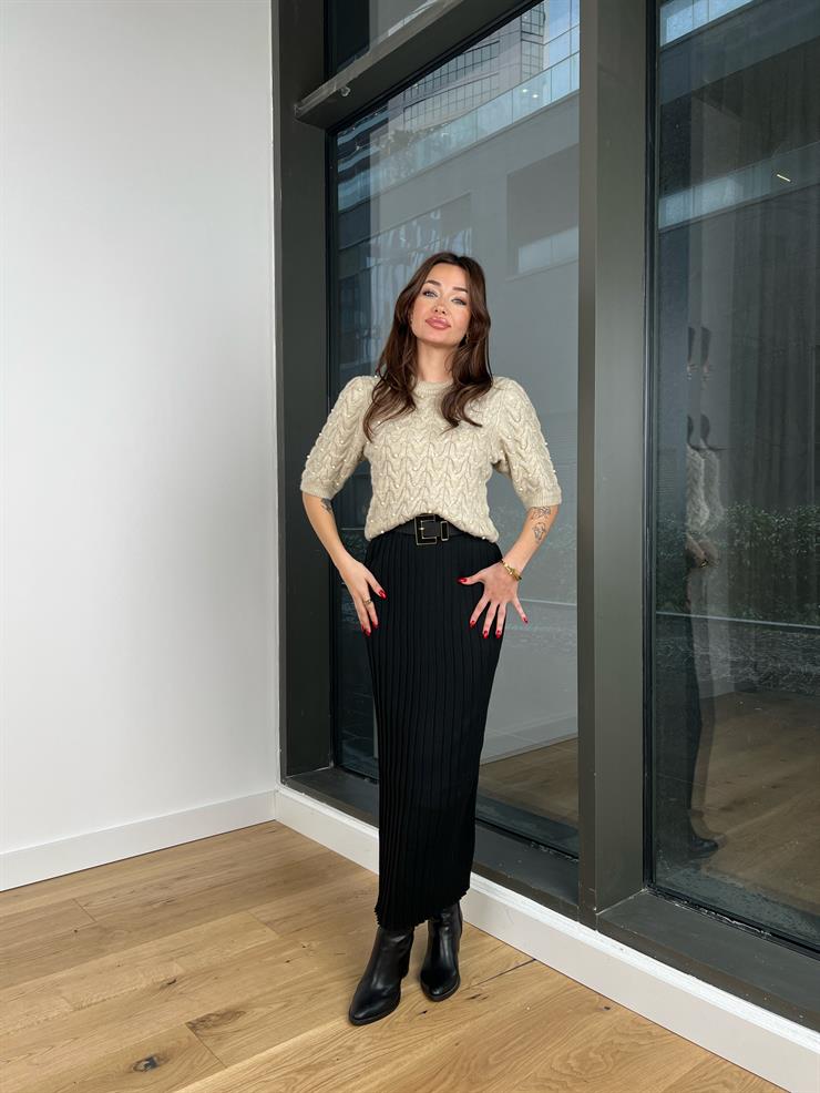 Bisiklet Yaka Yarım Kollu Brad Kadın Taş Taşlı Triko Bluz 24k424