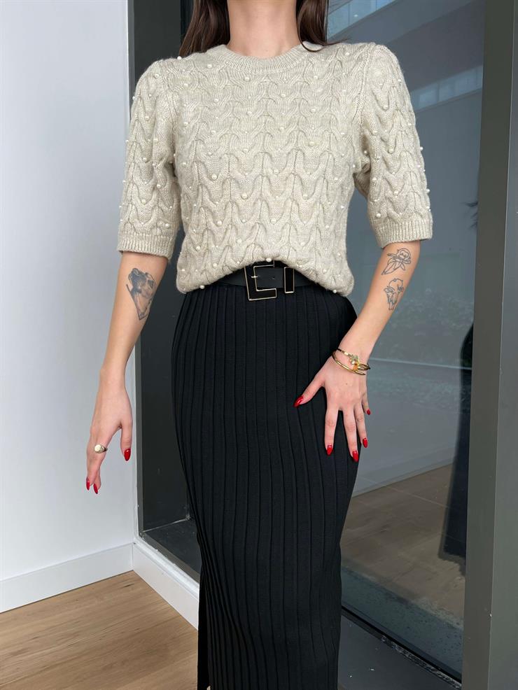 Bisiklet Yaka Yarım Kollu Brad Kadın Taş Taşlı Triko Bluz 24k424