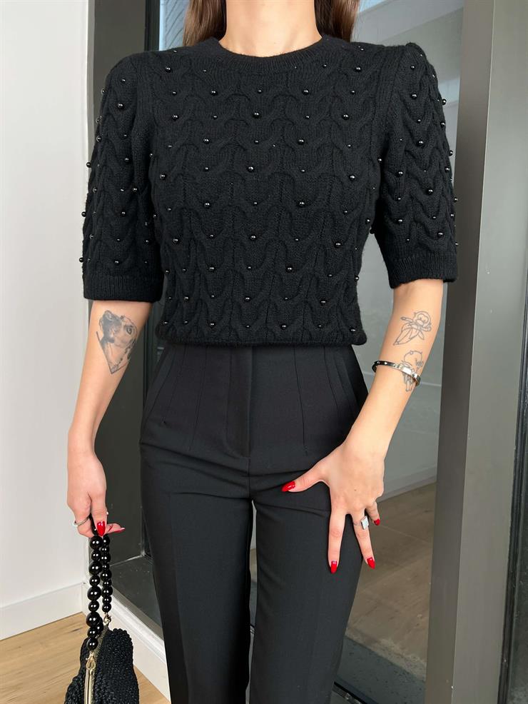 Bisiklet Yaka Yarım Kollu Brad Kadın Siyah Taşlı Triko Bluz 24k424