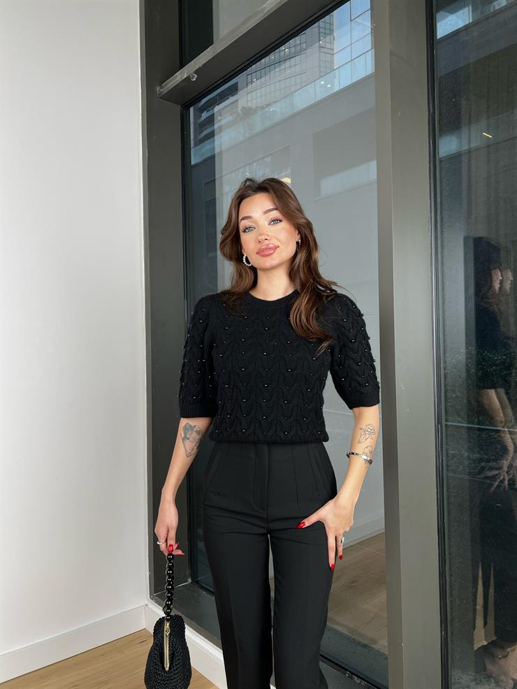 Bisiklet Yaka Yarım Kollu Brad Kadın Siyah Taşlı Triko Bluz 24k424