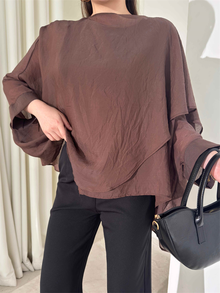 Kendinden Şallı Transparan Kahverengi Brandi Bluz 26Y180