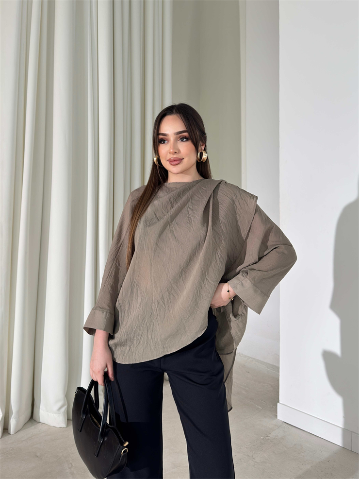 Kendinden Şallı Transparan Haki Brandi Bluz 26Y180