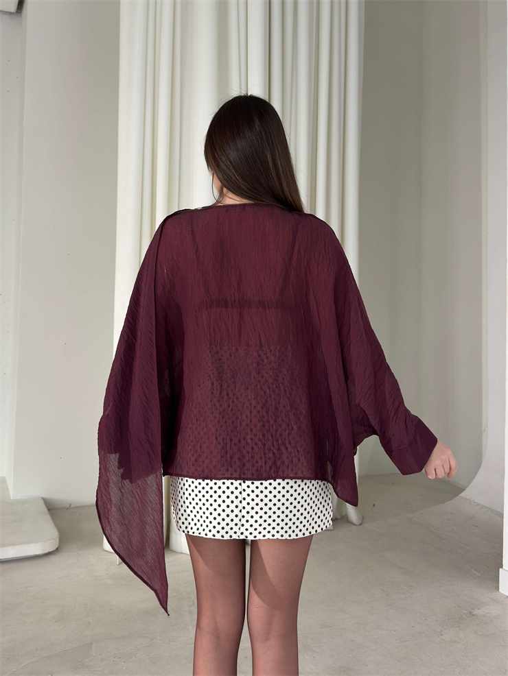 Kendinden Şallı Transparan Bordo Brandi Bluz 26Y180