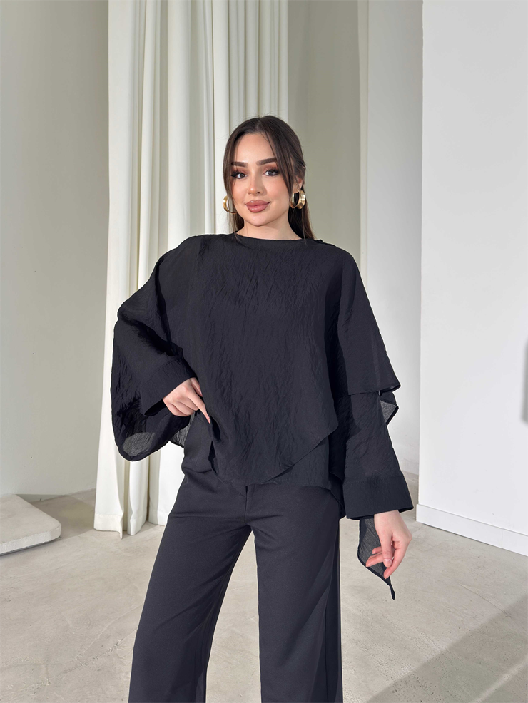 Kendinden Şallı Transparan Siyah Brandi Bluz 26Y180