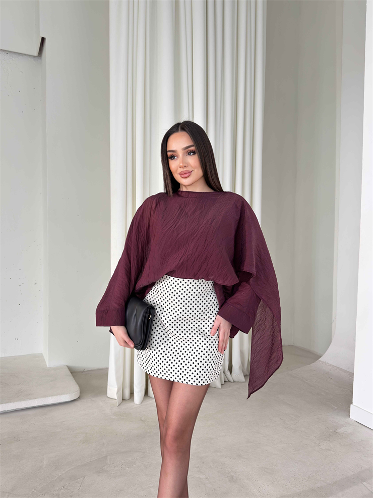 Kendinden Şallı Transparan Bordo Brandi Bluz 26Y180