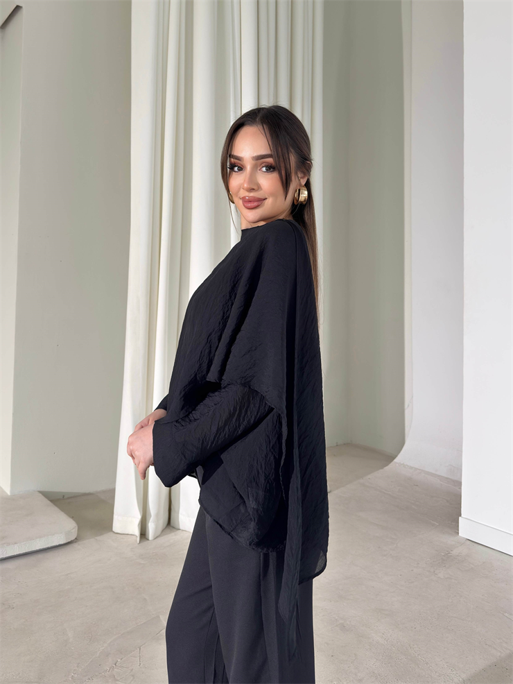 Kendinden Şallı Transparan Siyah Brandi Bluz 26Y180