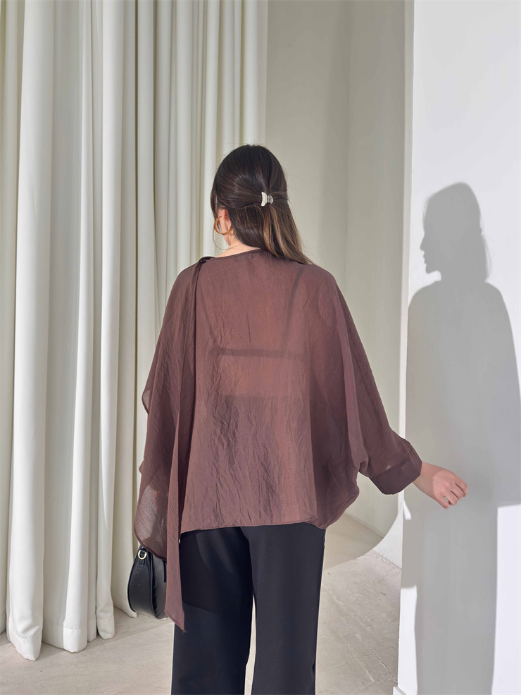 Kendinden Şallı Transparan Kahverengi Brandi Bluz 26Y180