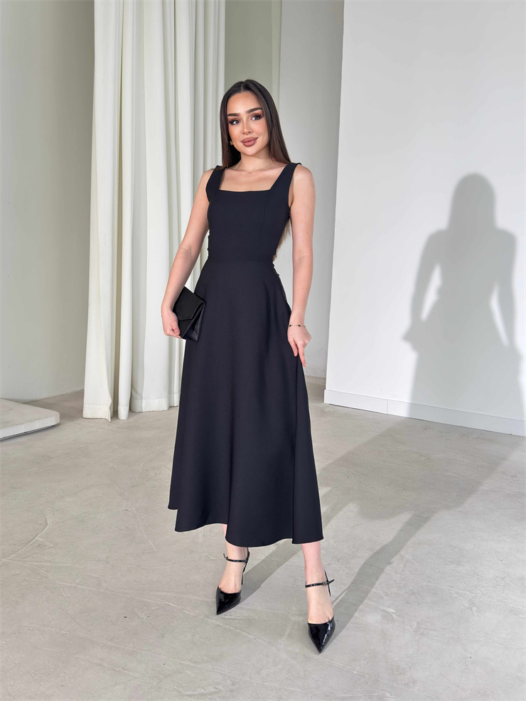 Kare Yaka Arkadan Bağlamalı Midi Boy Siyah Brandy Kadın Elbise 26Y163