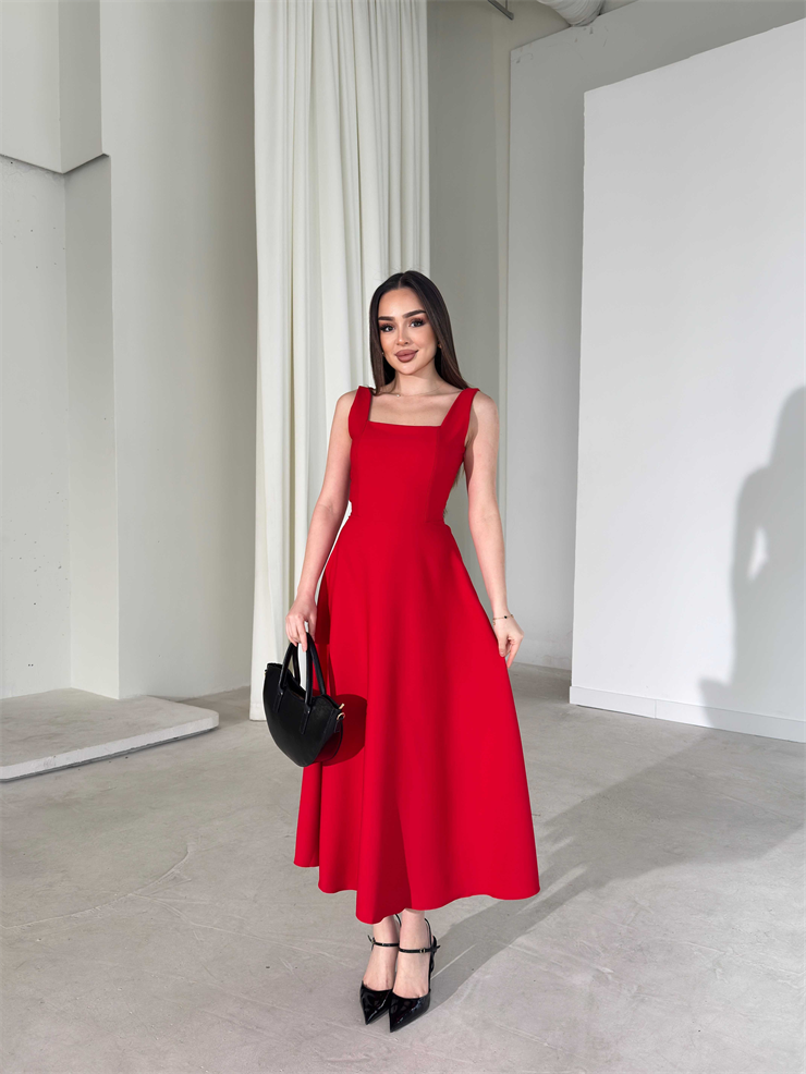 Kare Yaka Arkadan Bağlamalı Midi Boy Kırmızı Brandy Kadın Elbise 26Y163