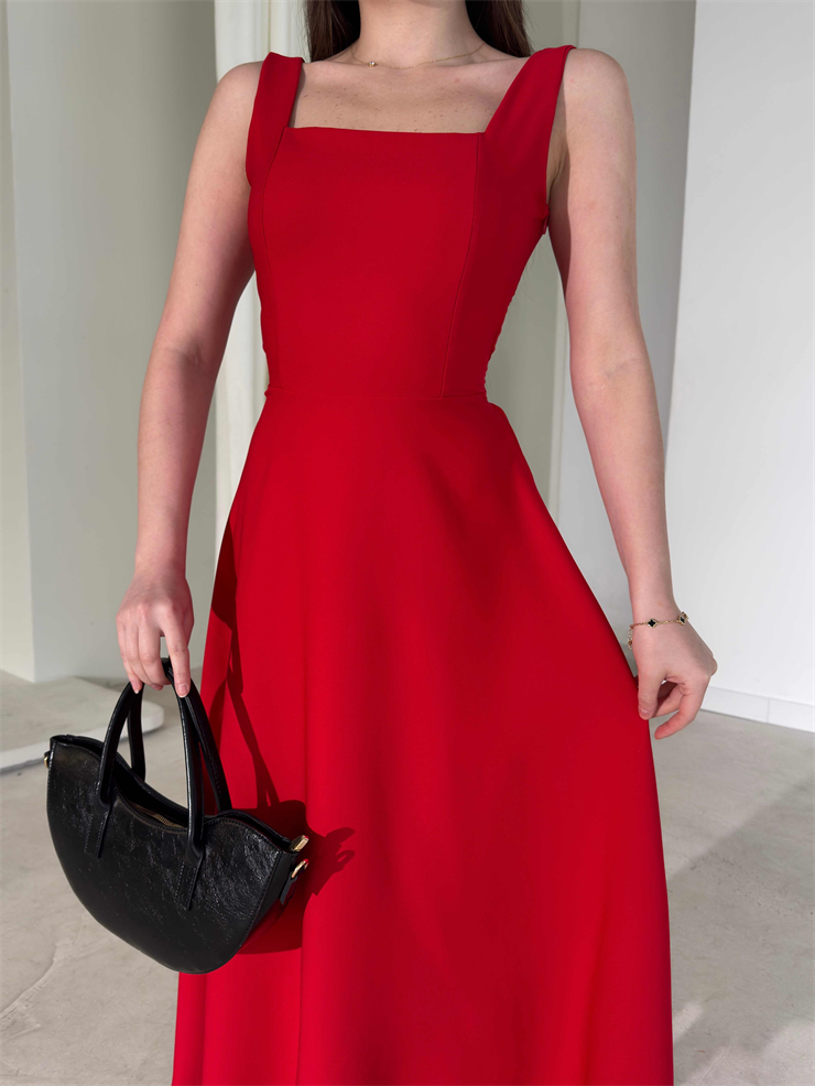 Kare Yaka Arkadan Bağlamalı Midi Boy Kırmızı Brandy Kadın Elbise 26Y163