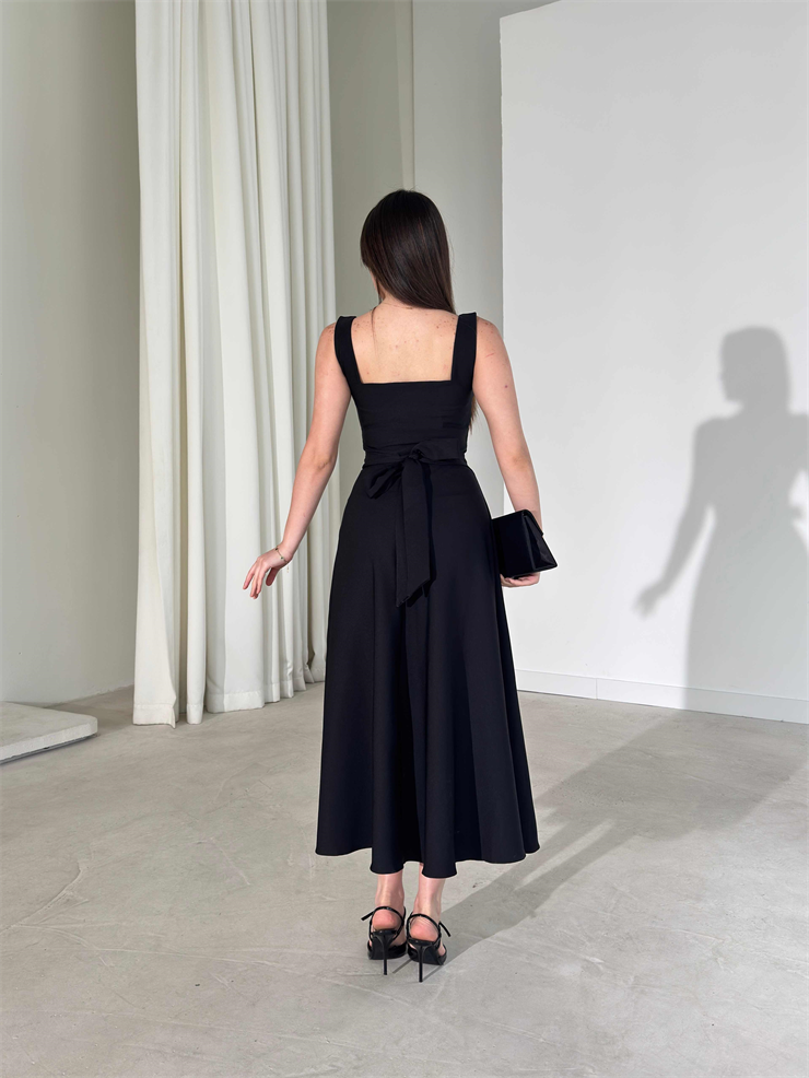 Kare Yaka Arkadan Bağlamalı Midi Boy Siyah Brandy Kadın Elbise 26Y163