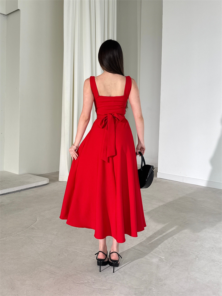 Kare Yaka Arkadan Bağlamalı Midi Boy Kırmızı Brandy Kadın Elbise 26Y163