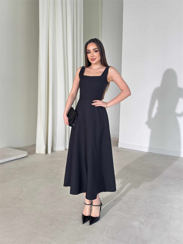 Kare Yaka Arkadan Bağlamalı Midi Boy Siyah Brandy Kadın Elbise 26Y163