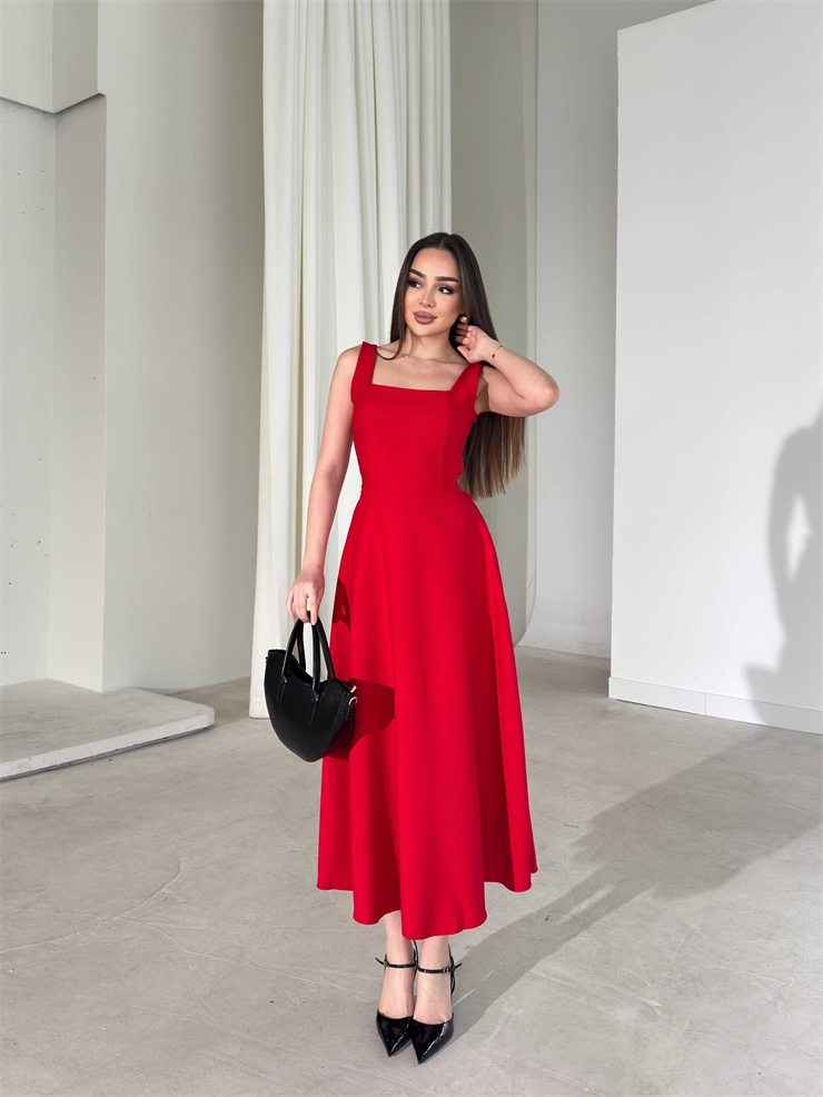 Kare Yaka Arkadan Bağlamalı Midi Boy Kırmızı Brandy Kadın Elbise 26Y163