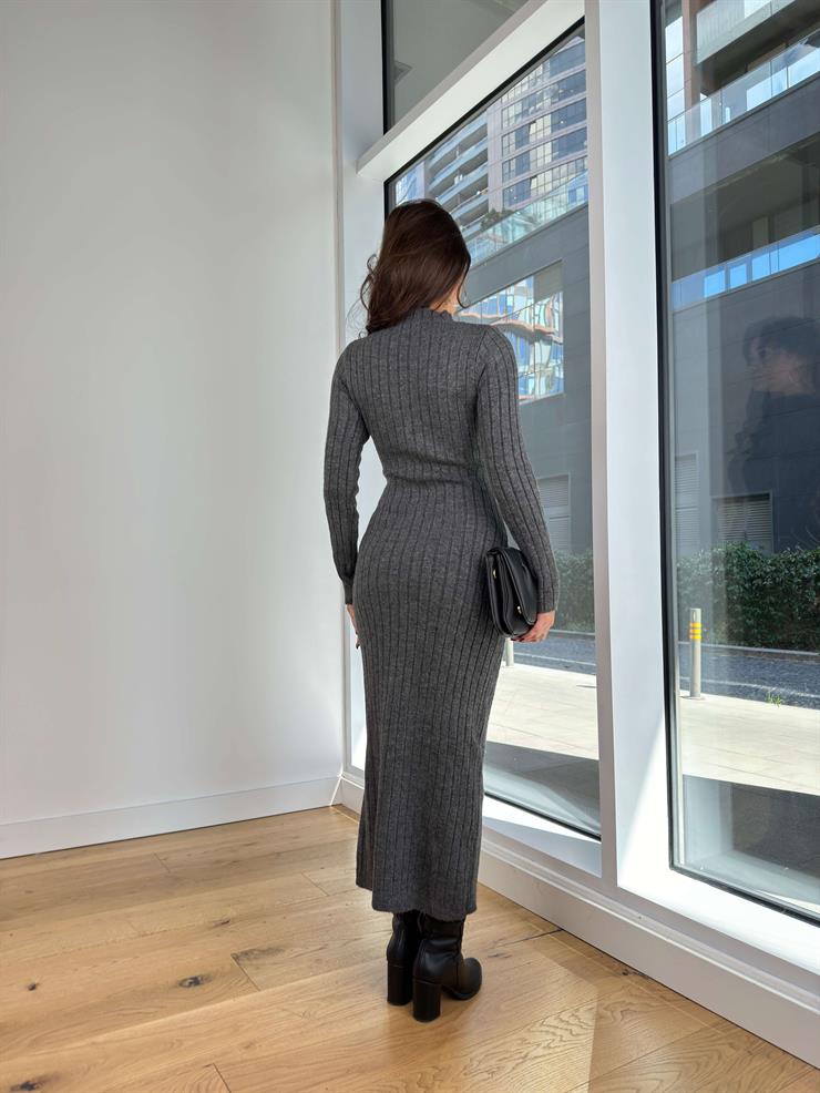 Yarım Balıkçı Yaka Önden Bağlama Detaylı Branko Antrasit Kadın Triko Elbise 25K296