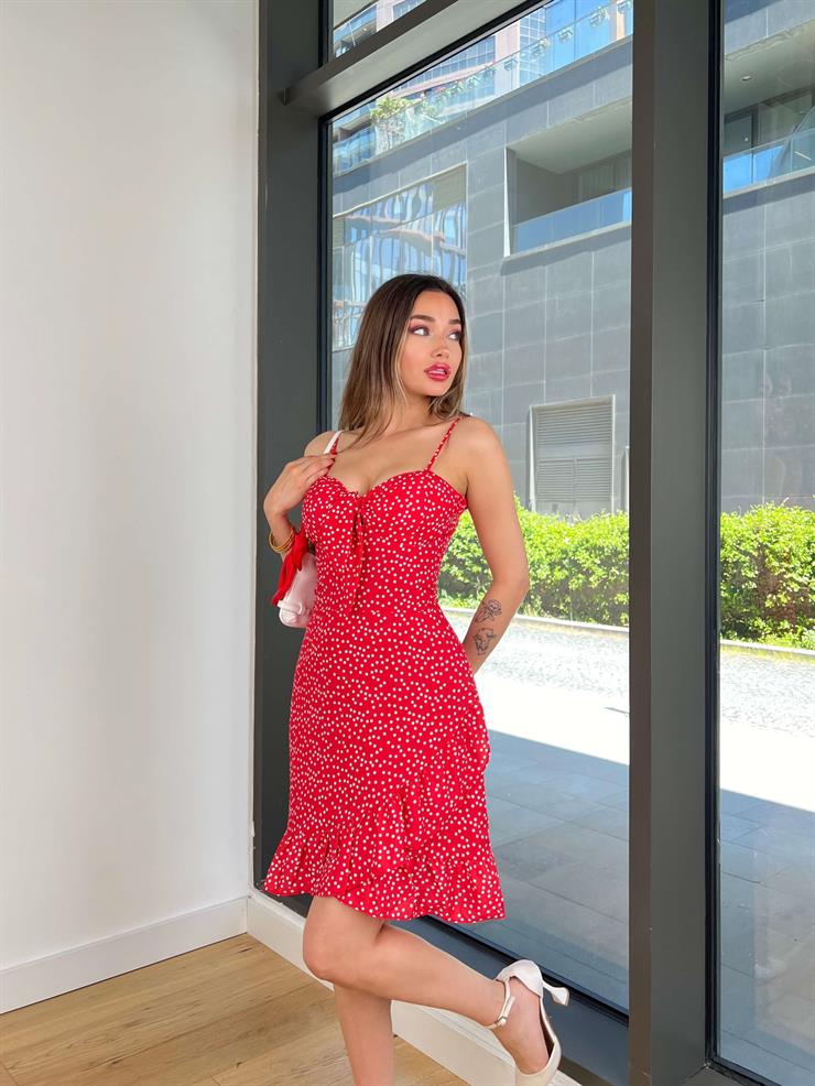 Askılı Bağlama Detaylı Puantiyeli Breanle Kırmızı Kadın Mini Elbise 25Y365