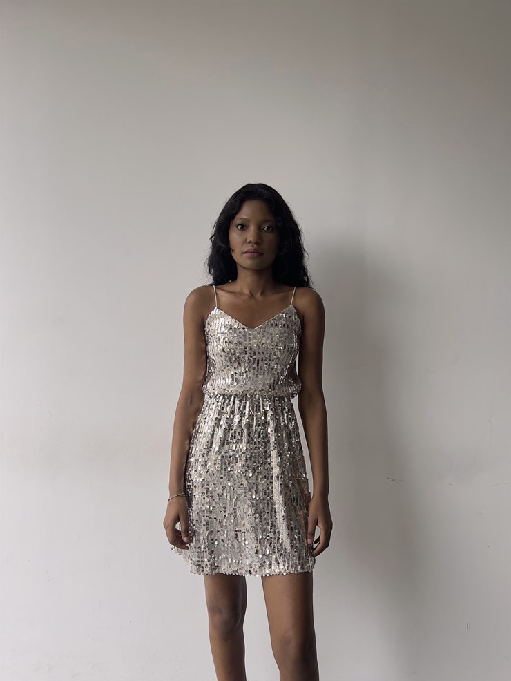 V Yaka Pul Payet Brenda İp Askılı Kadın Taş Renk Elbise 23K000306