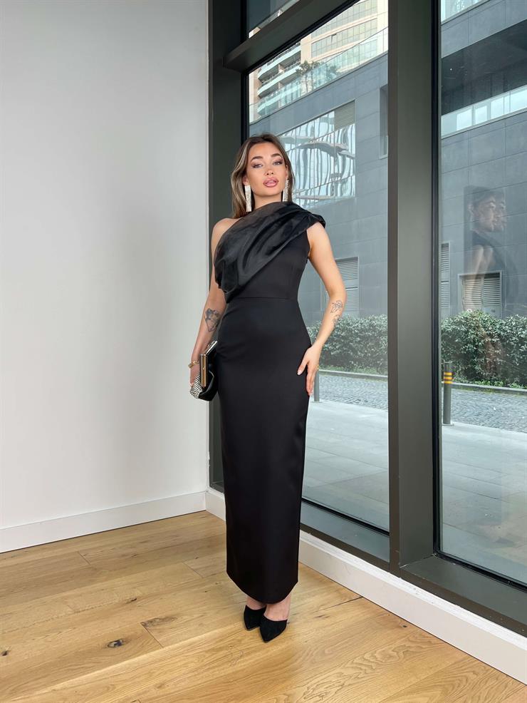 Tek Omuz Tül Detaylı Brest Siyah Kadın Elbise 25Y145
