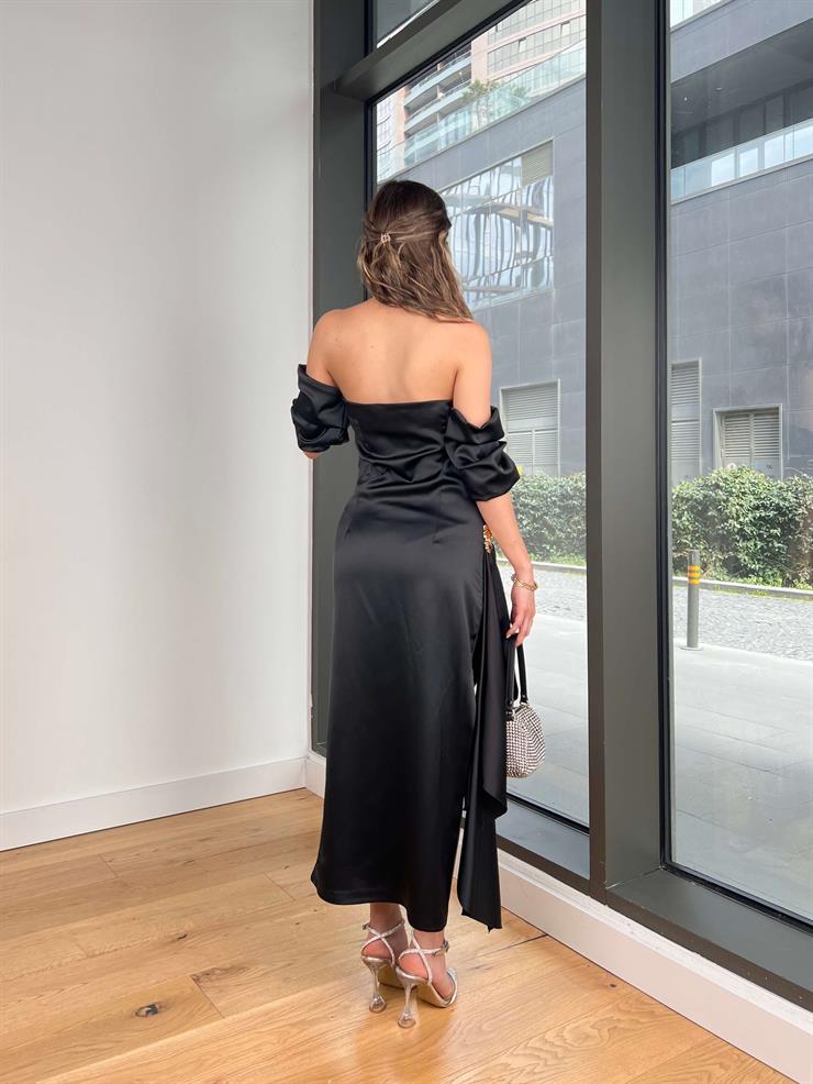 Düşük Kol Drapeli Breyn Siyah Kadın Midi Elbise 25Y144