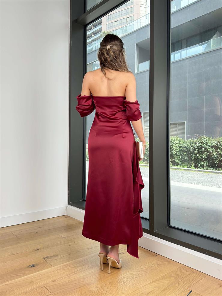 Düşük Kol Drapeli Breyn Bordo Kadın Midi Elbise 25Y144