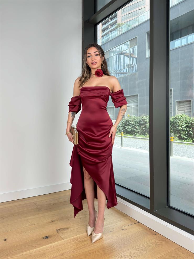 Düşük Kol Drapeli Breyn Bordo Kadın Midi Elbise 25Y144