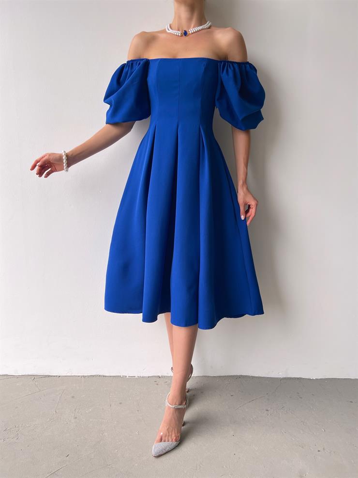 Kare Yaka Kısa Balon Kol Belden Oturtmalı Brice Kadın Saks Elbise 23Y000150