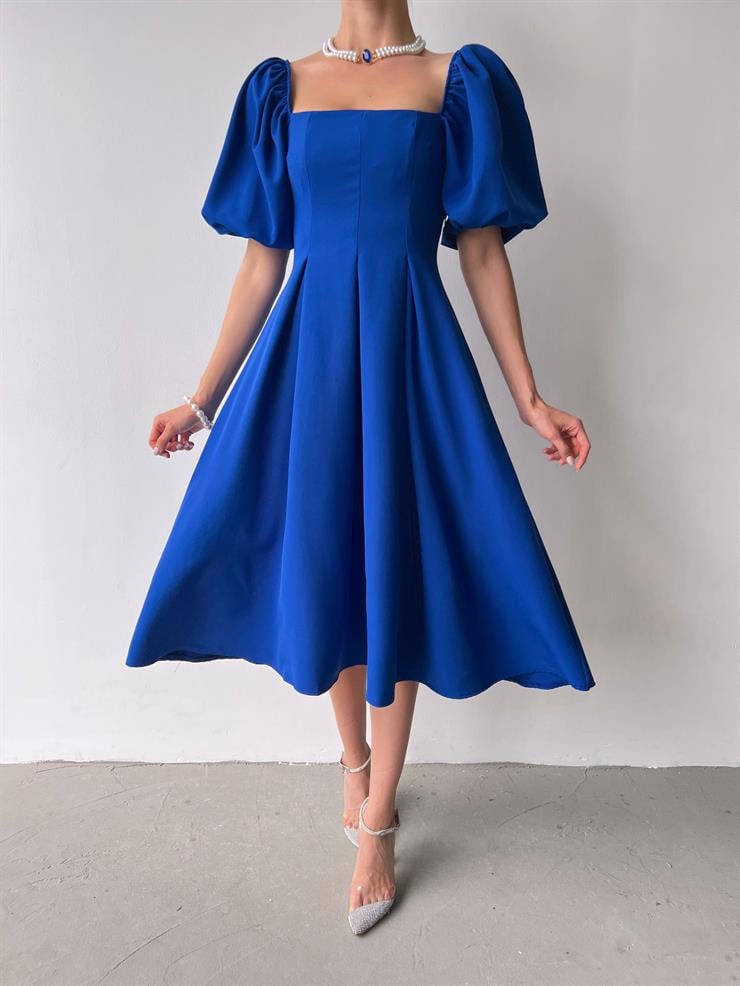 Kare Yaka Kısa Balon Kol Belden Oturtmalı Brice Kadın Saks Elbise 23Y000150