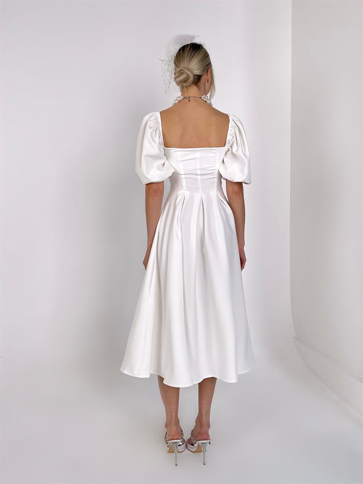 Kare Yaka Kısa Balon Kol Belden Oturtmalı Brice Kadın Beyaz Elbise 23Y000150