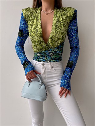 Çift Renk Derin V Yaka Çiçekli Bridget Kadın Renkli Bluz 22Y000026